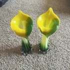 Vintage Pier 1 Murano Glass Calla Lilly Vase- Hand Blown- Yellow & Green Set 2