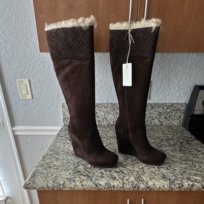 Gucci Women's Brown Suede Fur Lined Knee High Wedge Boots 296265