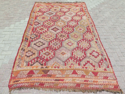 Vintage Turkish Rug, Handmade Floor Carpet, Embroidery Wool Large Kelim 67''X110''