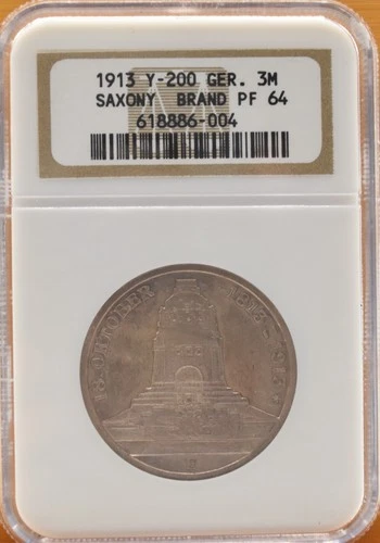 1913 Y-200 Germany Saxony 3 Mark Leipzig Battle Monument NGC PF64 Silver Proof