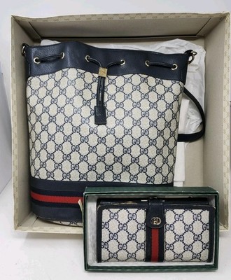 Authentic Vintage Gucci Navy Drawstring Bucket Bag 1980's Wallet Lazarus Reciept