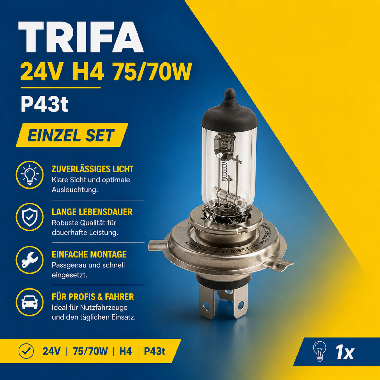 TRIFA H4 24V 75/70W P43t Lámpara Halógena 1 Bombilla LKW