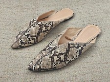 ZARA Women Snakeskin Print Almond Toe Mules Open Back Brown Faux Leather Flat Si