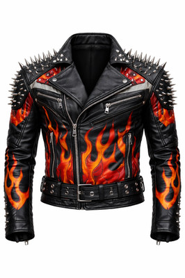   Men s Studded Black Leather Biker Jacket Flame Design Punk Rock Motorcycle
