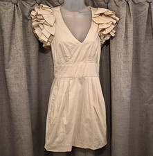 French Connection Beige Fit & Flare V-Neck Ruffle Puff Sleeve Zip Dress 6
