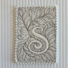 ACEO Original Art Quilt Embroidery White Letter S Pearl Edge