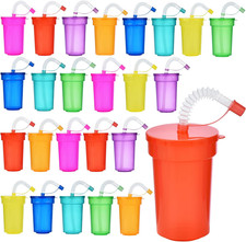 Plastic Kids Party Cups with Lids and Straws, 24Pcs 12 Oz Neon Sipper Cups, Colo