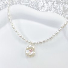 Baroque Freshwater Pearl Beaded Necklace Pink Heart Zircon Choker Hand Made Gift
