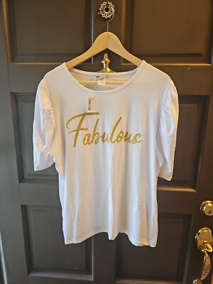 Molly & Erica NWT White Puff Sleeve Gold Foil Print ''Fabulous'' Blouse, Size 2X