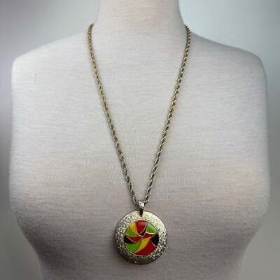 Vintage Beeline Gold Tone Enamel Mirror Pendant Necklace 30''