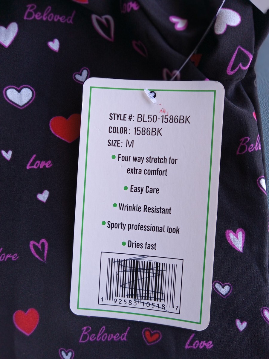 NWT's Size M black srub top w/ red, white, pink hearts. Poly