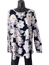 Karen Kane Top Womens M Navy Floral Round Neck Stretch Knit Long Sleeves Tunic