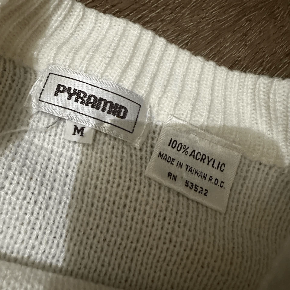 Suéter Suave Vintage Pyramid Para Hombres Blanco Multicolor Rayas Tejido Cuello Redondo Talla M Foto 3 de 4