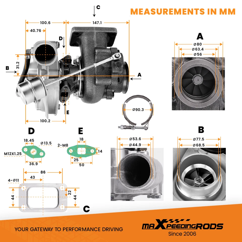 Turbocompresor T3 T04E V-BAND Turbo .63 A/R 74.2 Trim Internal Wastegate 420+ HP Foto 2 de 4