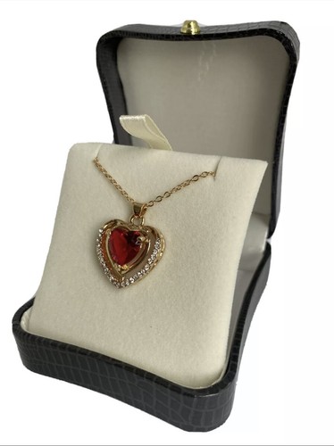 YELLOW GOLD FINISHED RED RUBY AND CREATED DIAMOND HEART CUT NECKLACE GIFT IDEA - Picture 3 of 6