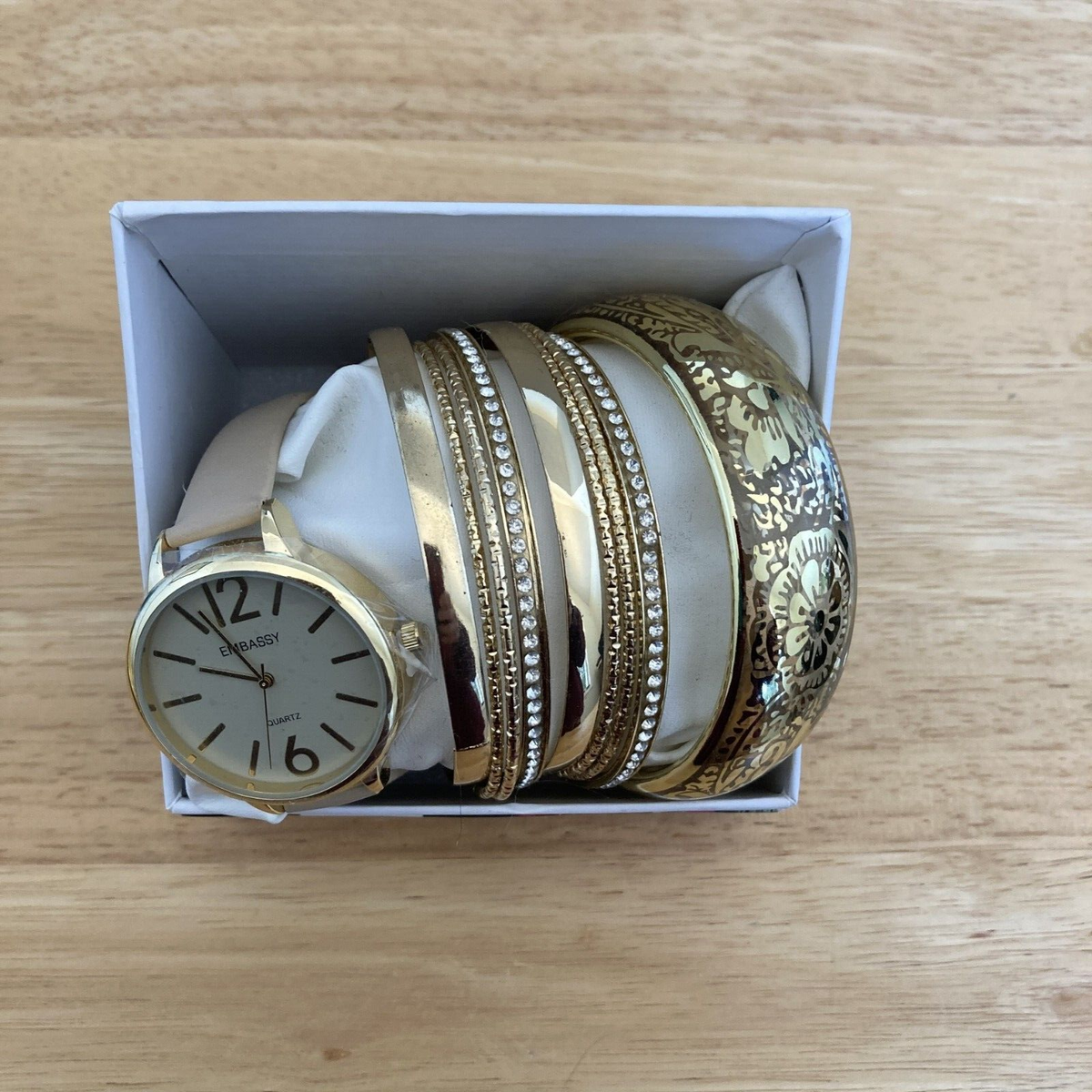 EMBASSY Watch and Bangle Bracelet Set Tan Band Gold Silver  display picture 1