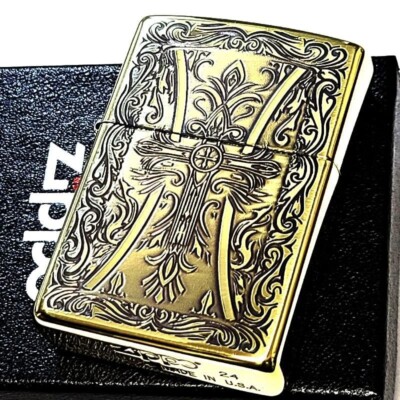 Zippo Arabesque Cross Medieval Pattern Gold Etching One Sided Processing Lighter