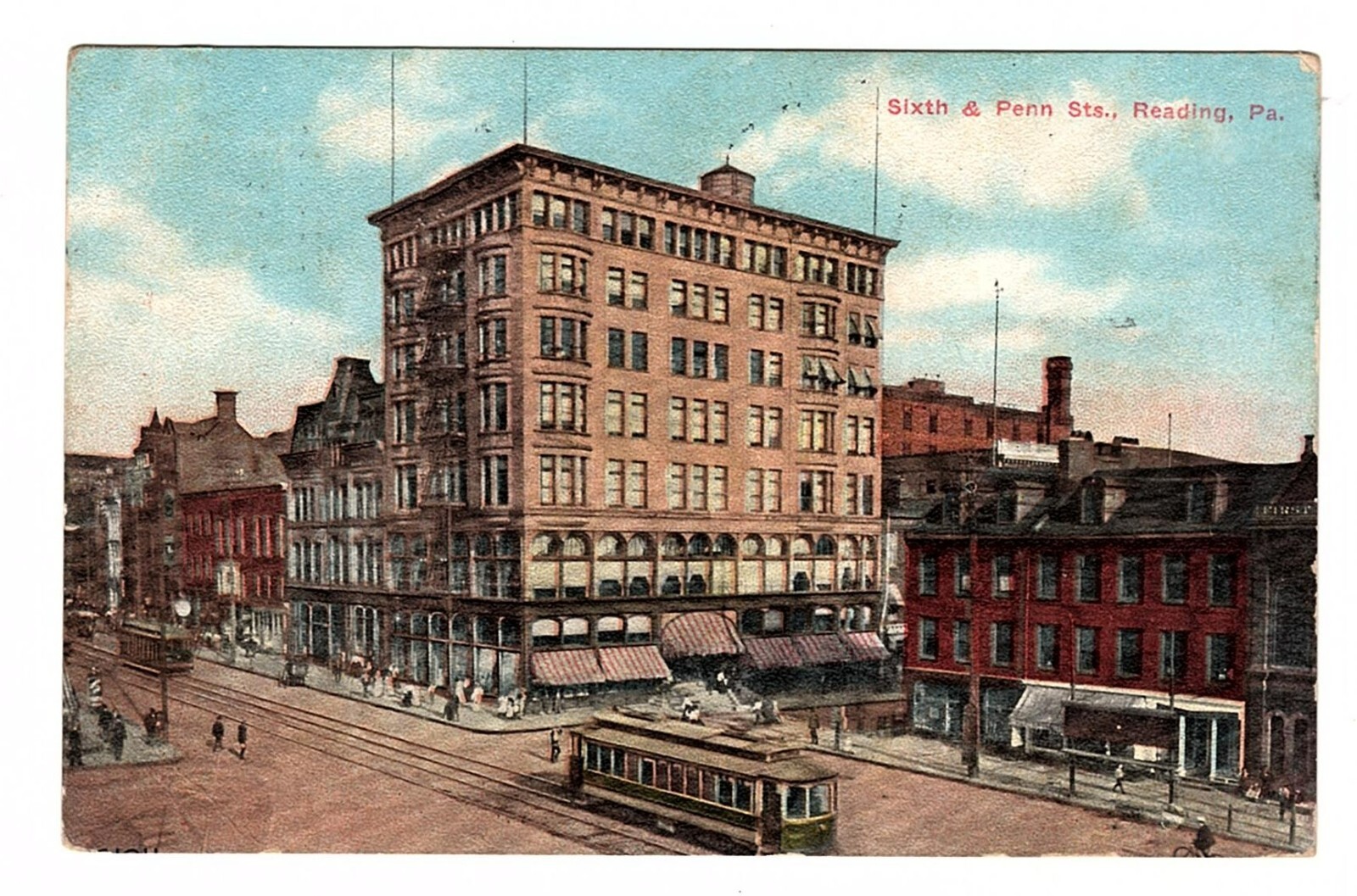 Reading, PA 1910 postcard 6th & Penn trolley Pomeroys