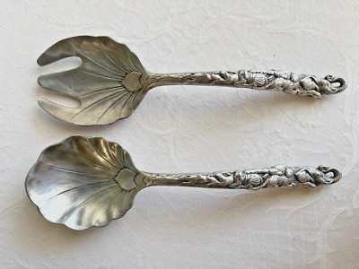 Arthur Court Signed Salad Server Spoon & Fork Safari Elephant Endangered Animals