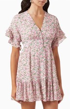 MINKPINK Liberty Pink Floral Mini Dress V-Neck Button Short Sleeve - Size L