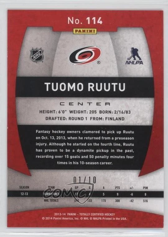 2013-14 Totally Certified Mirror Platinum Blue /10 Tuomo Ruutu #114 - Image 2 of 2