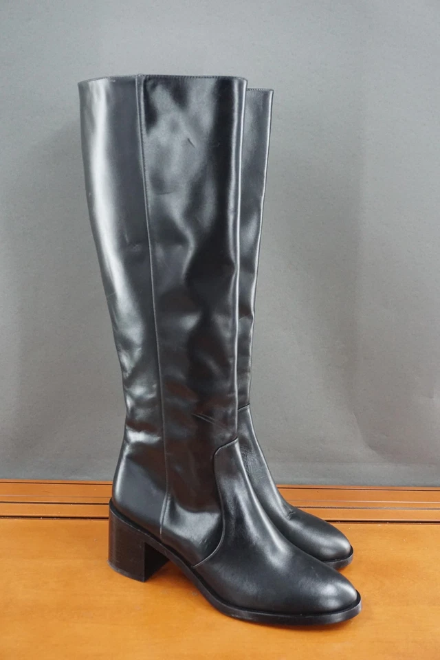 Botas Stuart Weitzman para mujer 7 de cuero negro hasta la rodilla tacón bloque cremallera Foto 3 de 4
