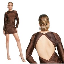 ASOS Design Long Sleeve Bandage Fringe Mini Dress Brown Size 2 NWOT