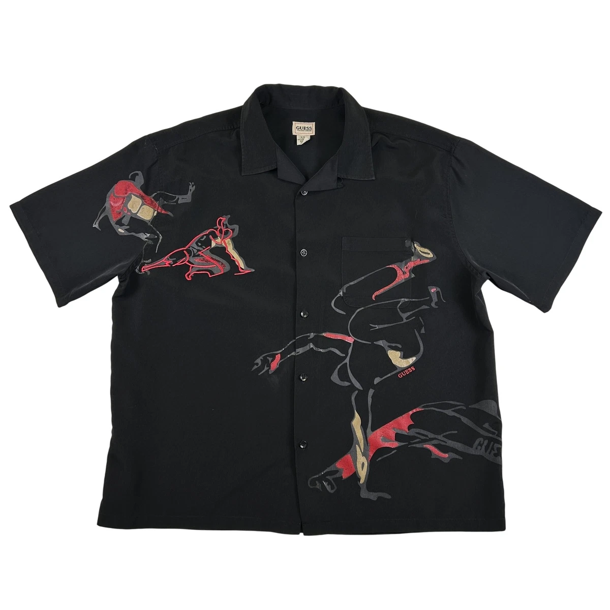 Camisa Guess De Colección Para Hombres 2XL Negra Karate Artes Marciales Gráfica Abotonada Años 90