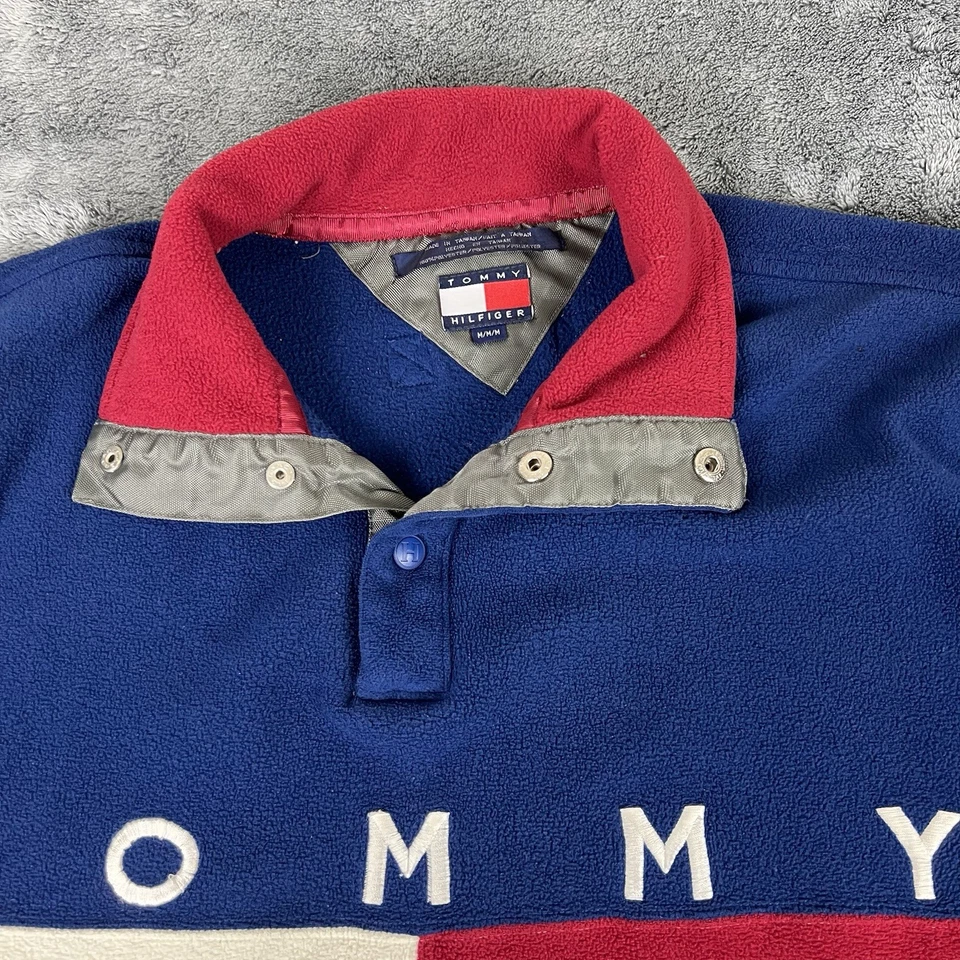 Vtg Tommy Hilfiger Big Flag Logo Fleece Men’s M Pullover Snap Jacket 90’s Blue - Image 3 of 4