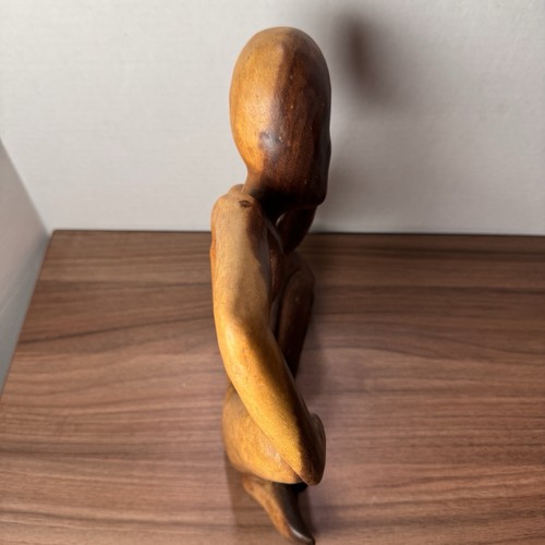 Statua Uomo Pensante 12" Scultura Astratta "Il Pensatore" Legno Intagliato A Mano - Foto 5 di 8