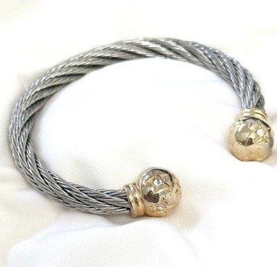 Vintage Two-Tone Silver & Gold Star Bangle Rhinestone Accents Stacking Bracelet