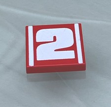 Listing image for LEGO Replacement/Missing Brick 3068 2X2 Printed White No. 2 on Red Tile.