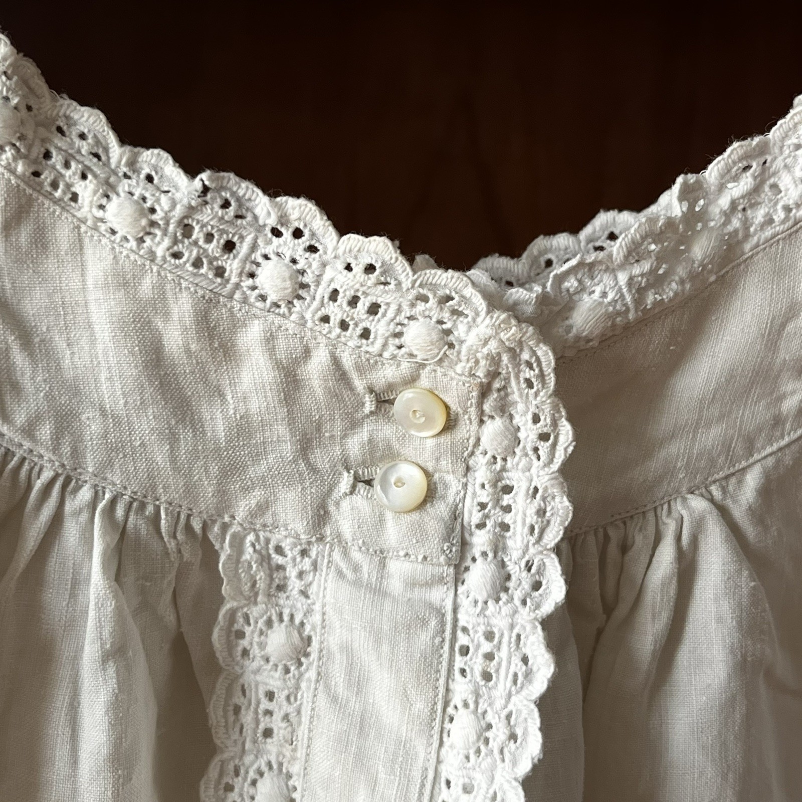 Antique French Pure 100% Linen Night Gown Dress H… - image 4