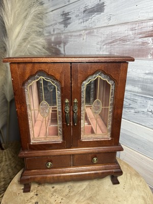 Vintage Jewelry Box, Wardrobe Style Wooden, Felt Lined Music Box 