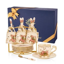 YOLIFE 8 OZ Tea Cups and Saucers Set of 6, Ivory Porcelain Tea Cups Set with ...