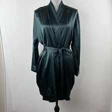 Victorias Secret Short Robe Attached Belt One Size Forest Green Silky Pockets