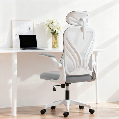 Bürostuhl, ergonomischer Schreibtischstuhl mit klappbarer Rückenlehne, 2D Kopfstütze, grau