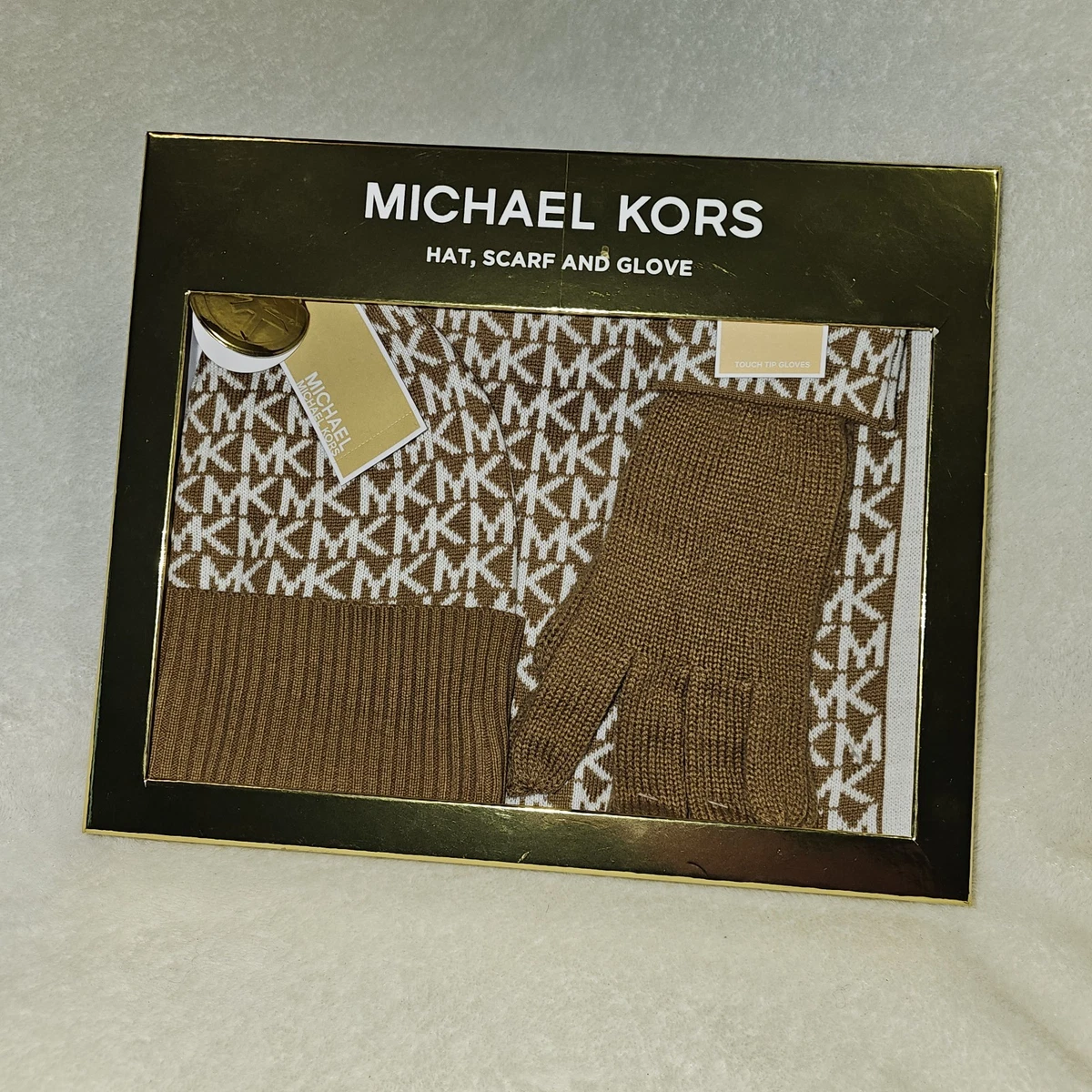 NWT Michael Kors hat and scarf set...tan & gold...In Box great gift!! michael kors hat set products for sale | eBay main image 3