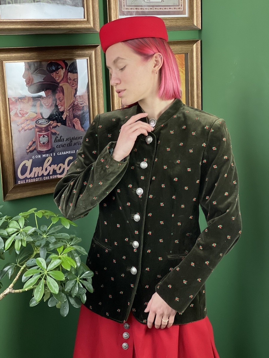 h.moser Salzburg Green Velvet Jacket Austrian Vintage Red Flower