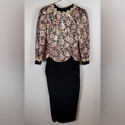 #ad Vintage 80s Edwardian Victorian Goth Dress Size 6 Steam Punk Velvet Cosplay Gold $34.95