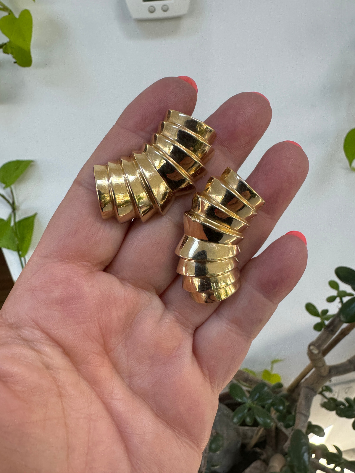 14K  Earrings Statement Solid Gold Ribbed - image 3