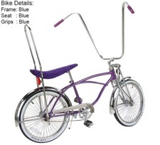 20" LOWRIDER BLUE BIKE W/72 SPOKE CHROME RIMS, 22" LONG HANDLEBAR & STRAIGT FORK