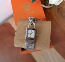 Tory Burch Surrey Silver Tone Stainless Watch Chain Lock Bracelet