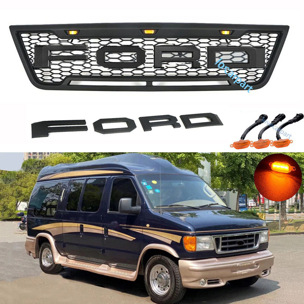 Front Bumper Grill For For-d E150 E250 E350 2003-2007 Mesh Grille W/ LED+Letter