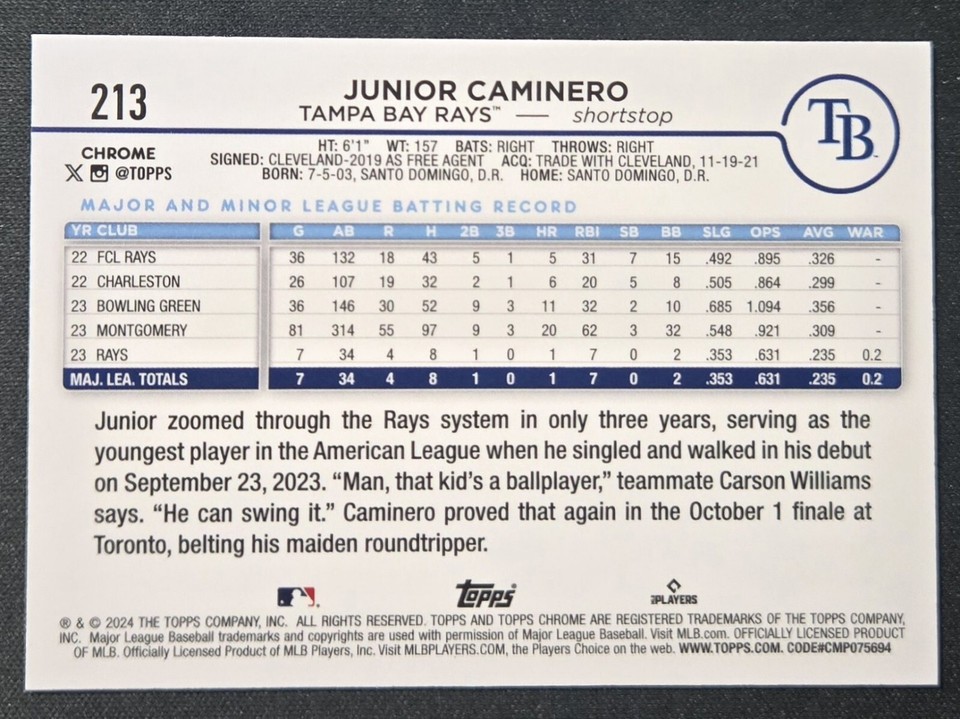2024 Topps Chrome Junior Caminero RC XFractor Tampa Bay Rays eBay