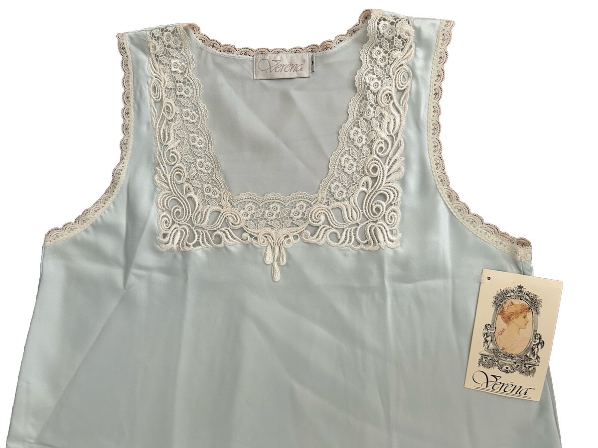 Verena Vintage Nightgown Sz Med Blue White Lace Sleeveless Short