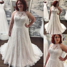 Plus Size Wedding Dresses Halter Neck Lace Applique Boho Sweep Train Bridal Gown