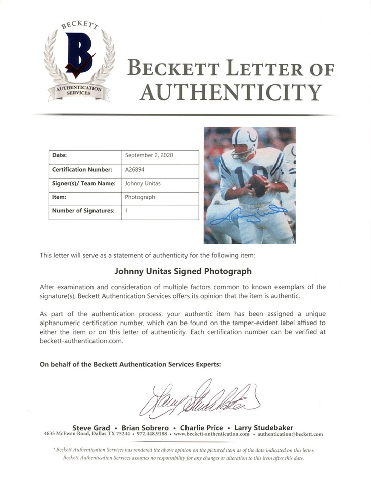 JOHNNY UNITAS SIGNED AUTOGRAPHED 8x10 PHOTO BALTIMORE COLTS LEGEND BECKETT BAS - Image 2 of 2