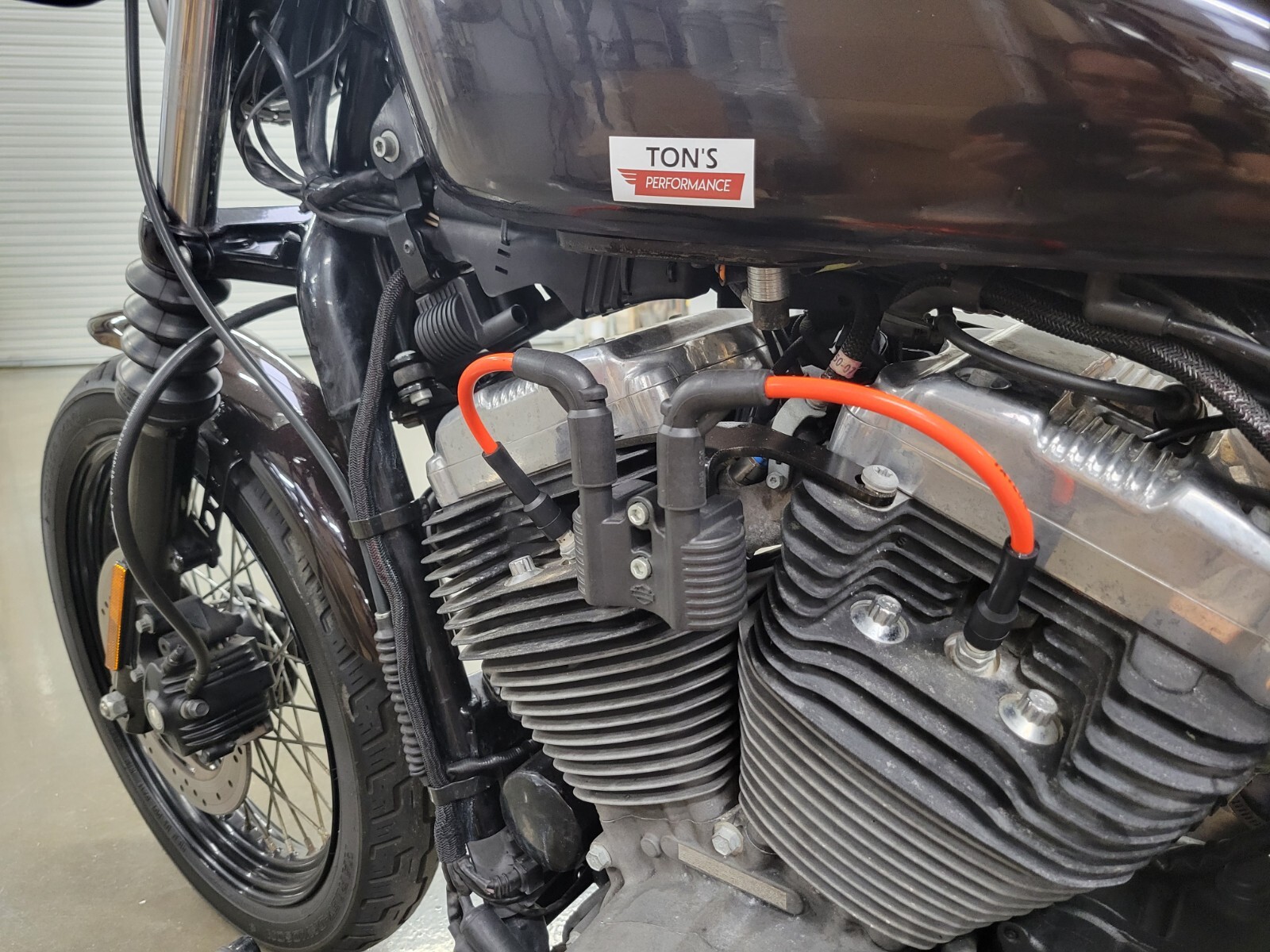 Ton's Harley Sportster Coil Relocation kit with Orange Spark plug wires