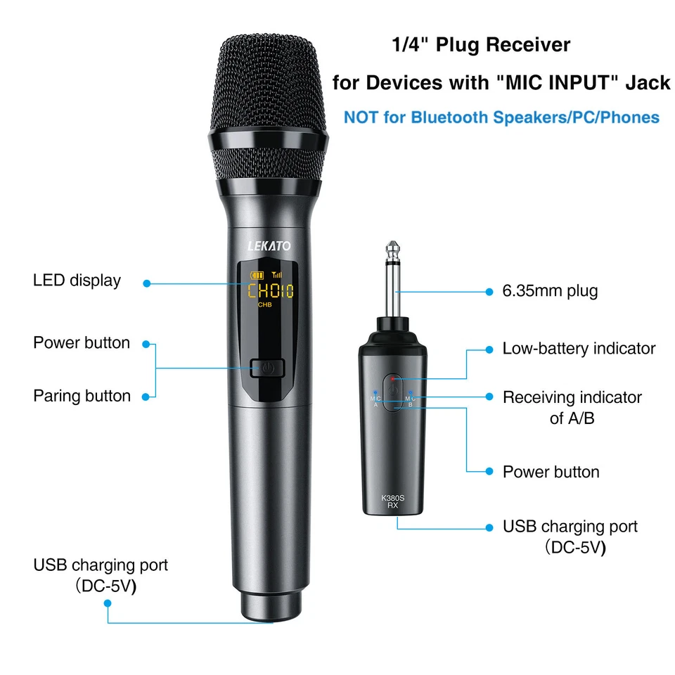 LEKATO UHF Wireless Handheld Microphone System Rechargeable Receiver for Karaoke - Image 4 of 4